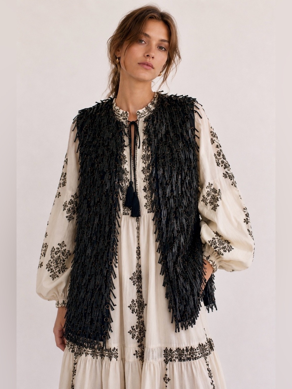 Catherine Malandrino  Black leather tassels Vest